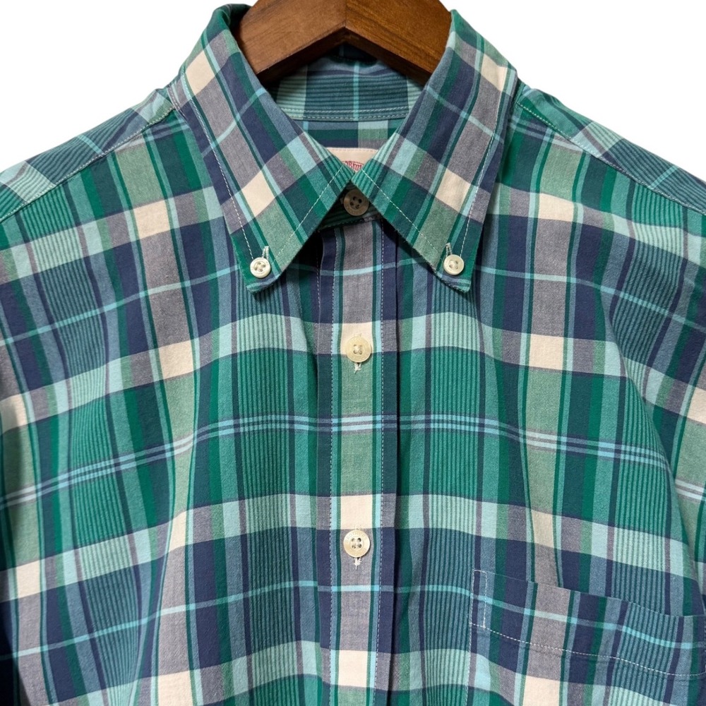 Brooks Brothers Shirt Mens M Madison Plaid Green Teal Button Down Cotton Preppy